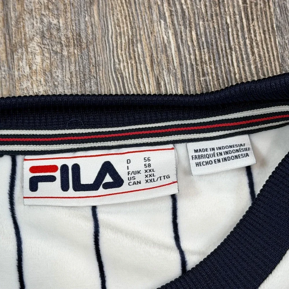Fila Mens XXL Pinstripe Crewneck Sweatshirt White Navy Blue Fleece Soft Pullover